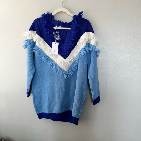 Blue and White Fringed Women's Sweater - Picture 1 of 9